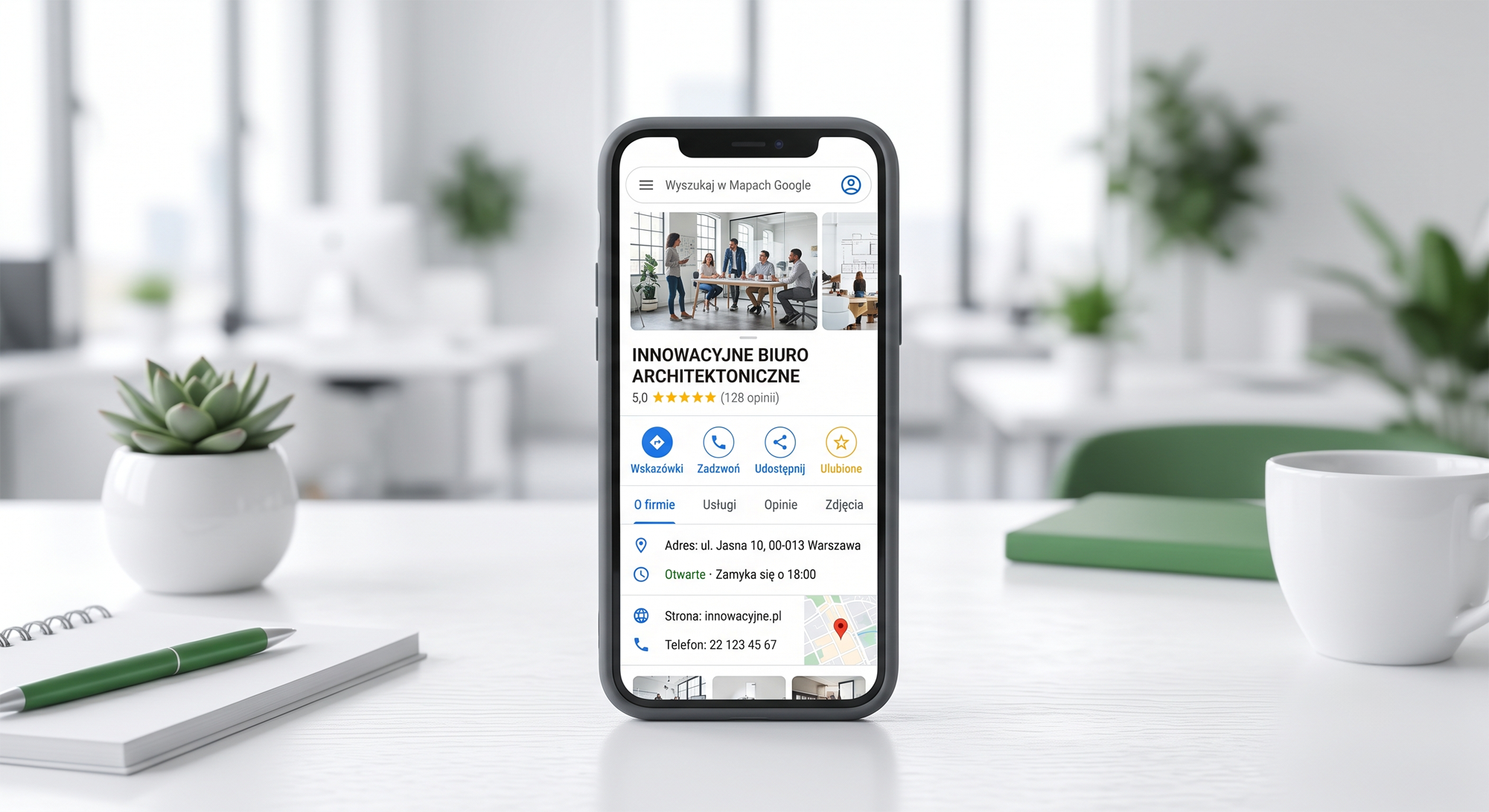 PROMPT: smartphone showing Google Maps business profile, 5 star rating visible, modern office background, clean flat lay photography, white and green color scheme, professional product shot