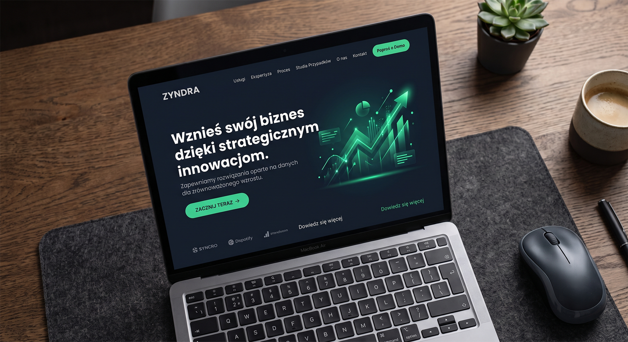 PROMPT: modern minimalist website mockup on laptop screen, dark blue background, clean UI design, professional business website, hero section visible, green accent color, soft studio lighting, top-down angle